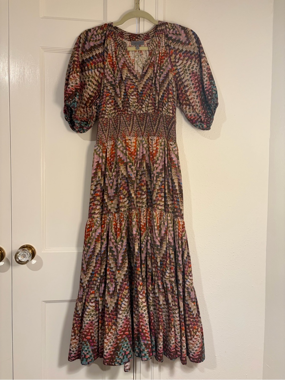 Anthropologie Conditions Apply Multi-Color Printed Puff-Sleeve Tiered Midi Dress